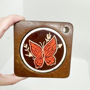 Vintage 70s Saltera Coaster Pen Holder Wood Ceramic Butterfly Trivet Wall Retro